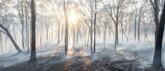 A forest of burnt trees after a wildfire. AI.