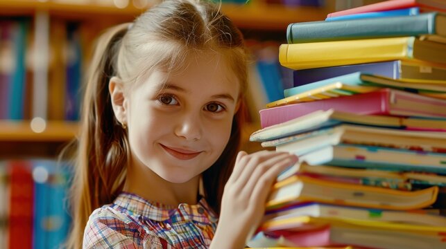 Little girl standing next to a large stack of books in a library and smiling at the camera. AI.