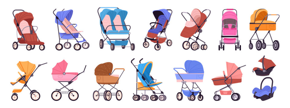 Baby strollers. Newborn children pushchairs, carriages and car seats, kids safety transports for outdoor walking flat vector illustrations set. Cartoon babies wheeled pramsuit collection