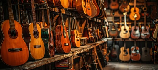 Naklejka premium Vintage Guitar Shop with Diverse Collection of Guitars Perfect for Music Enthusiasts and Vintage Decor