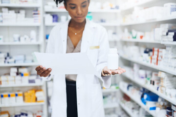 Woman, pharmacy and drug bottle with paper, customer prescription and medical product or supplement. Healthcare, pharmaceutical retail and recommending cost effective generic, medication and employee