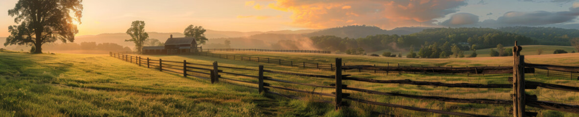 Idyllic Country Farm at Sunrise with Rustic Fencing and Rolling Hills