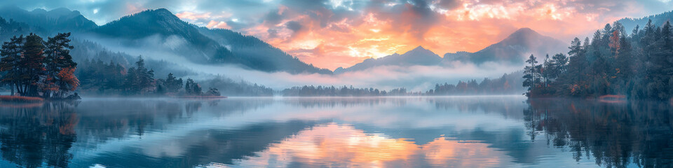 Fototapeta premium Serene Mountain Lake at Sunrise with Mist and Dramatic Sky Reflecting in Water