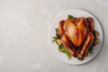 Gourmet baked turkey on white plate, top view grey background with copy space. Thanksgiving traditional dinner dish