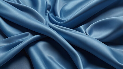 Fototapeta premium Chambray blue abstract background. Silk satin. Curtain, drapery. Shiny fabric. Wavy soft pleats. 