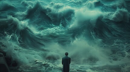 Obraz premium A view of huge waves covering the sky and someone watching this situation on the shore, Paint it black lyrics 