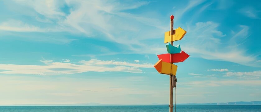 Colorful Wooden Signpost On A Beach With A Blue Sky - Powered by Adobe