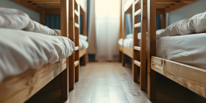 Dormitory room with beds arranged for hostel guests. Concept Bed Arrangement, Hostel Accommodation, Shared Sleeping Spaces