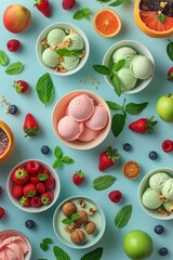 Ice Cream, professional studio photography of an empty background based on cover presentation for a modern company producing natural ice cream, top view, ice cream scoops