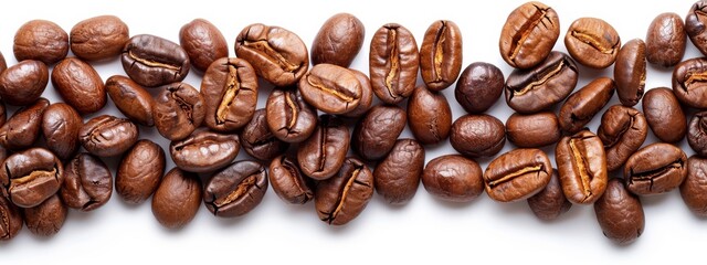 Fototapeta premium A stack of coffee beans aligned on a white tabletop, crowned by a single row atop