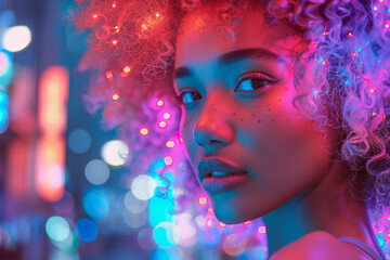 A woman with glowing, neon-colored hair curlers in a sleek, silver bodysuit, set against a high-tech cityscape,