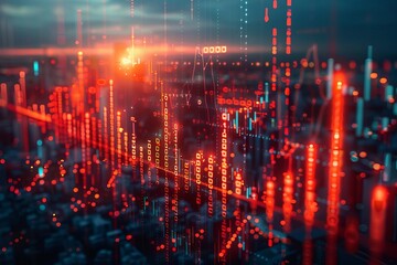 Naklejka premium Futuristic city landscape with glowing digital data charts and graphs, representing technology and financial trends in the modern era.