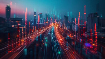 Fototapeta premium Futuristic cityscape at dusk with digital data visualization overlay, symbolizing technology and fast-paced urban life.