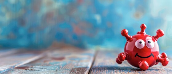 Fototapeta premium Red Coronavirus Toy Figurine On Wooden Table Against Blue Background