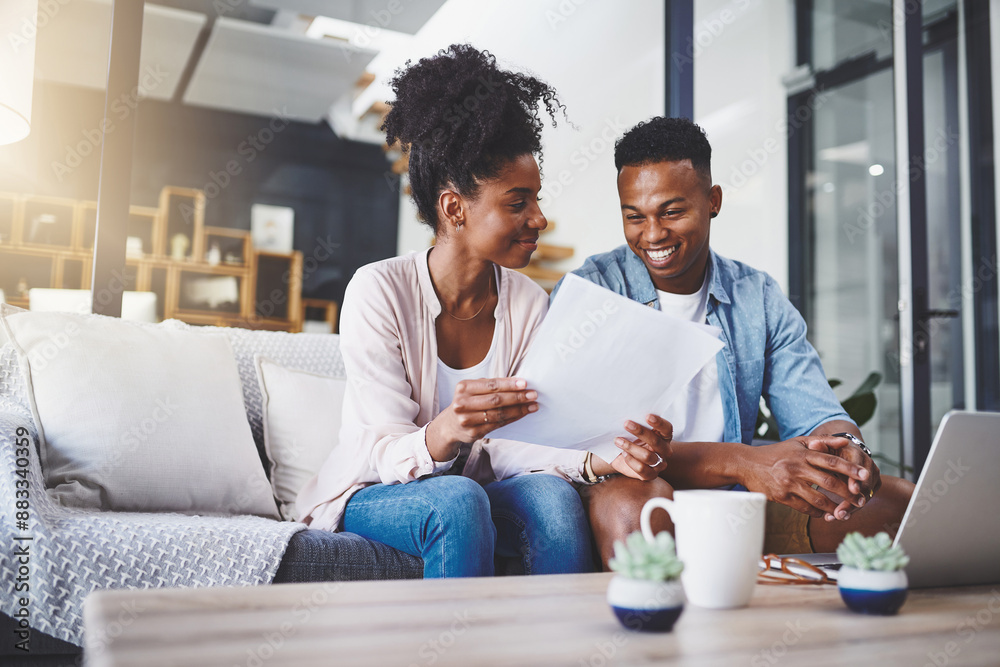 Poster Finance, laptop and couple with documents on sofa for bills, life insurance or mortgage. Lens flare, paperwork and black man with woman on computer for planning budget, payment or investment in home