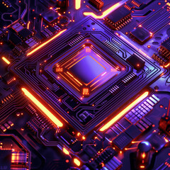 Fototapeta premium A futuristic and high-tech chip with vibrant colors, glowing against a dark background of circuit board patterns