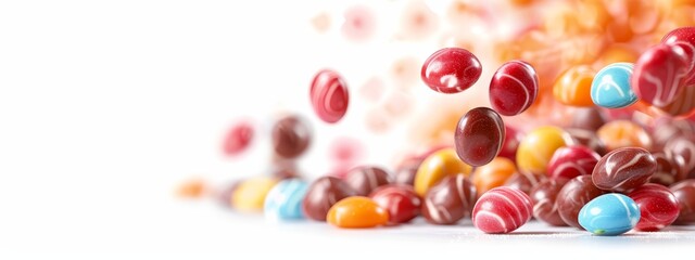 Obraz premium A tight shot of various candies against a pristine white backdrop, with a softly blurred depiction of additional candies behind