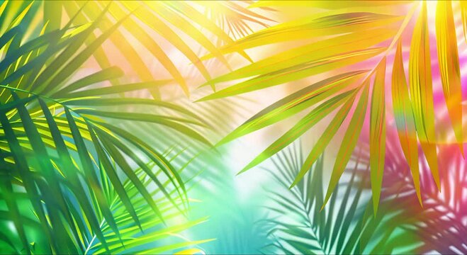 Trendy Balinese summer background with floral pattern, green palm leaves, art wallpaper, summer colors, blur, botanical tropical leaves, sunlight and shadows.