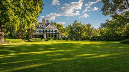The lush, manicured lawn of a Suburban Colonial home, perfect for a family picnic or a game of croquet under the summer sky