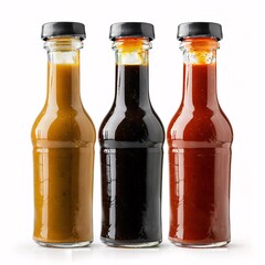  barbecue sauces in glass bottles isolated on white, with clipping path
