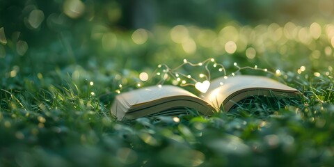 Heartshaped book lights illuminate magical woods on Book Lovers Day August 9th. Concept Book Lovers Day, Heart-shaped Book Lights, Magical Woods, Outdoor Photoshoot, August 9th