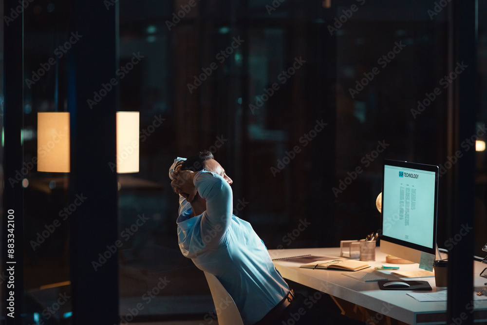 Poster Business, man and relax or stretching at computer screen with website layout, webpage design or productivity at night. Designer, person and satisfied in office for completed work or done with project