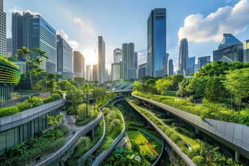 Obraz premium Eco-Friendly Urban Oasis: Modern Green Architecture Showcases Sustainable Business Practices and Commitment to Environmental, Social, and Governance (ESG) Initiatives.