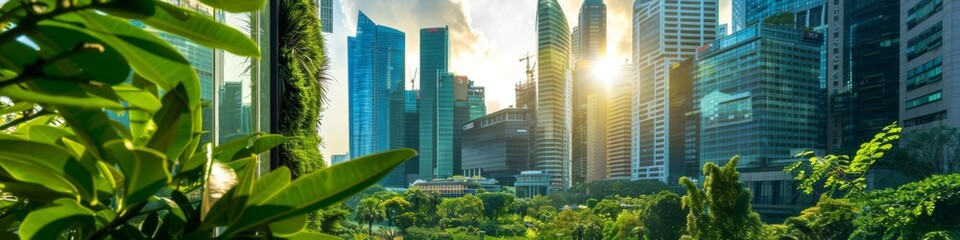 Fototapeta premium Eco-Friendly Urban Oasis: Modern Green Architecture Showcases Sustainable Business Practices and Commitment to Environmental, Social, and Governance (ESG) Initiatives.