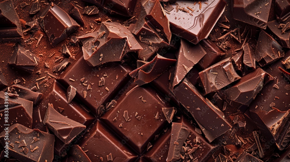 Poster scattered dark chocolate pieces with cocoa powder on a textured background. perfect for food backgro