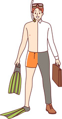 Man dressed in vacation clothes and business suit at same time, dreaming of quick summer sea voyage. Businessman with hobby of diving calls for swimming and sunbathing on beach during vacation