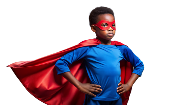 Young Boy Dressed As A Superhero With Red Cape And Mask Stands With Hands On Hips