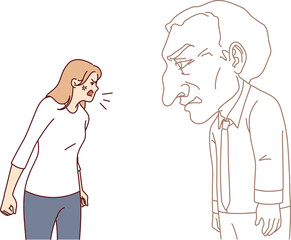 Fototapeta premium Angry woman screams at imaginary interlocutor, experiencing psychologically distress due to mental trauma from childhood. Conflict aggressive, psychologically unbalanced girl in need of sedatives