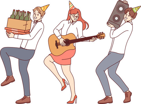 Cheerful friends rush to festive party with alcohol and musical equipment, rejoicing at coming of weekend. Business people preparing for friday party, wanting to have good time after signing contract