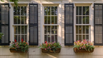 The perfect symmetry of a Suburban Colonial home's windows, each adorned with traditional shutters and flowering window boxes
