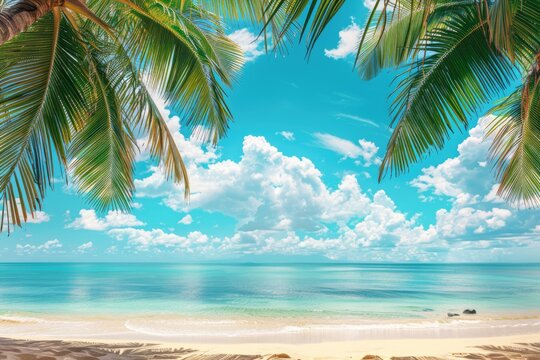 Tropical beach with palm trees and azure water in ocean. Paradise island on a sunny day. Trip, travel and vacation theme