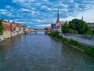 view of the old town with Aerial Birds Eye view of Cambridge Waterloo region Ontario Toronto Canada architecture European style building bridge and river street and clouds in the sky