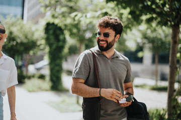 Two business colleagues engage in a lively discussion outdoors, enjoying a sunny day. The image captures the joy and camaraderie in a professional setting.