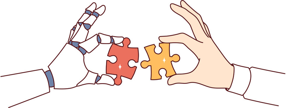 Collaboration between robot and human performing same task and holding different pieces of puzzle in hands. Synergy of robot with artificial intelligence and businessman to perform business tasks