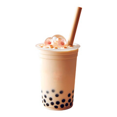Hokkaido milk boba tea on a plastic glass with a straw on a transparent background