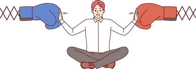 Man business mediator works in conflict management and sits between two boxing gloves. Experienced boss mediator stops dispute corporate employees to avoid decrease in work productivity