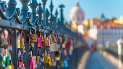 Colorful locks attached to the fence of a bridge