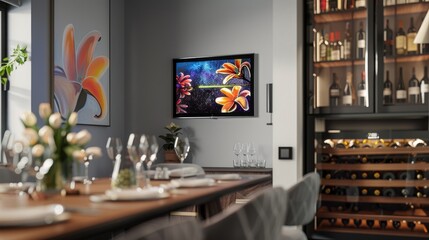 A contemporary dining area with a digital art frame and a smart wine cooler