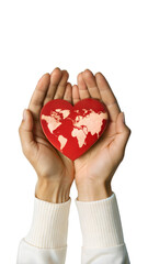 Hands holding a heart-shaped world map representing World Health Day.
