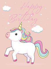 card or banner to wish a happy birthday in pink on a pinkish beige background with stars and clouds and a white unicorn