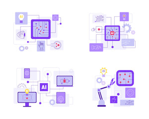 Smart robotics with artificial intelligence. AI-powered search, machine learning, digital technology, automatic machinery  processes. Robotic software testing, QA. Isolated vector illustration.
