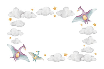 Cute dinosaur flying in clouds and stars. Isolated hand drawn watercolor seamless frame of dino. Wreath of pterodactylus for children's invitation cards, baby shower, decoration of kid's rooms © Fedulova_art