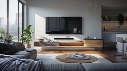 A contemporary living room with an infinity-edge LED TV and a floating media console