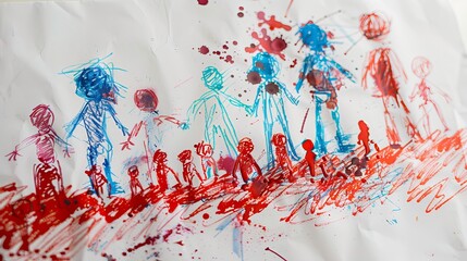 Naklejka premium Child's Drawing of Family on White Paper