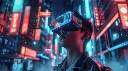 Fototapeta premium Man with VR device exploring endless possibilities in a futuristically designed environment