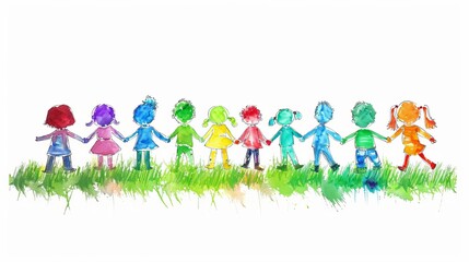 Fototapeta premium Children Holding Hands Watercolor Illustration